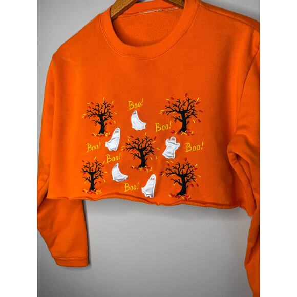 Halloween Orange Ghost & Tree Print Cropped Sweatshirt – Spooky Season Vibes - Picture 2 of 3